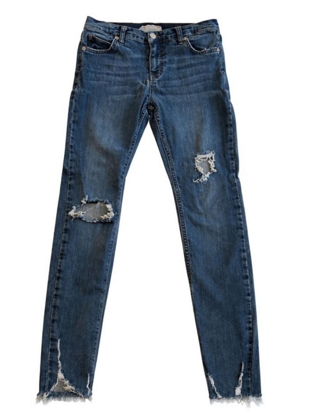 Free People High Rise 26 Distressed Blue Jeans skinny denim stretch destroyed